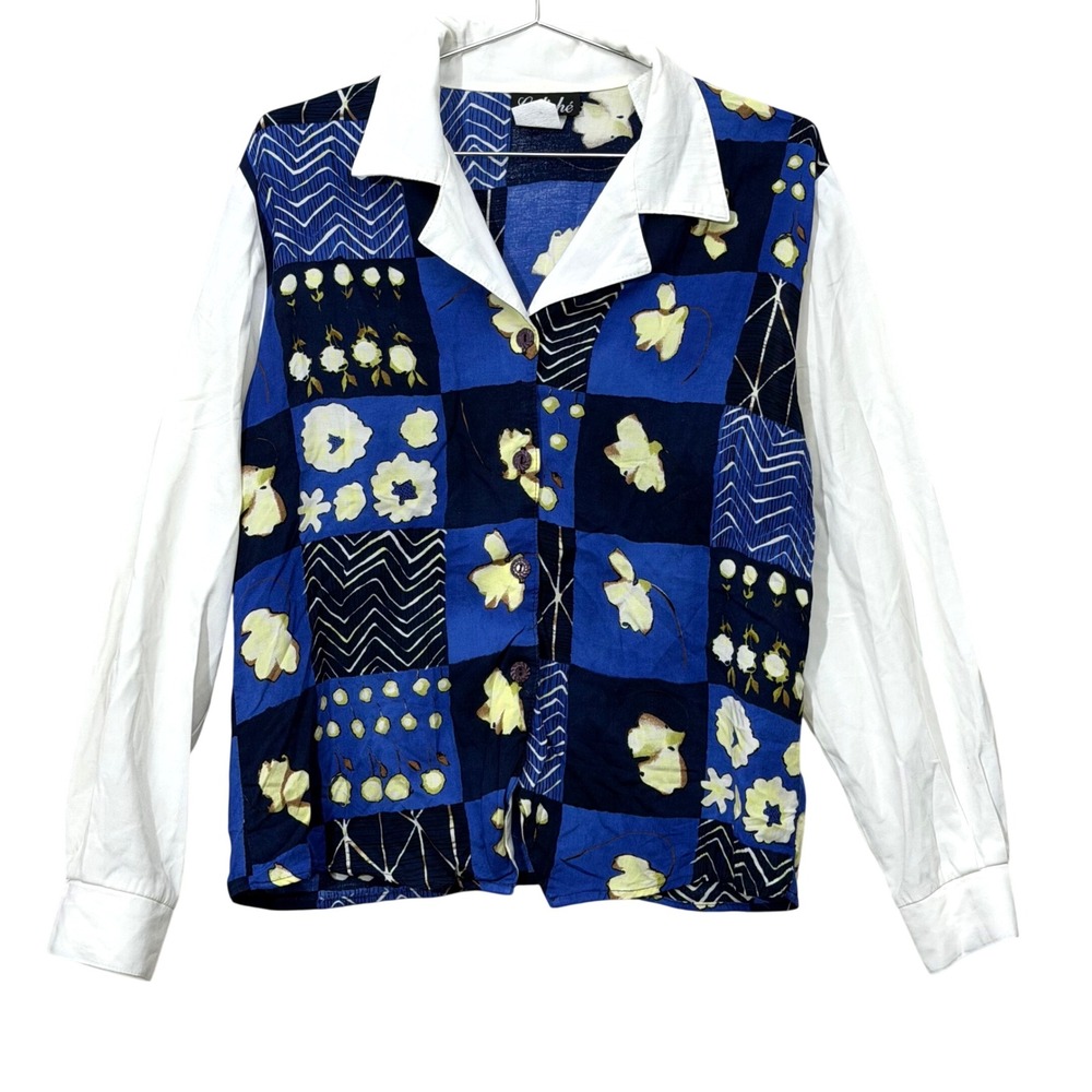 Caliche Blouse Womens Medium Blue White Vintage Floral Checkered Button Up Top